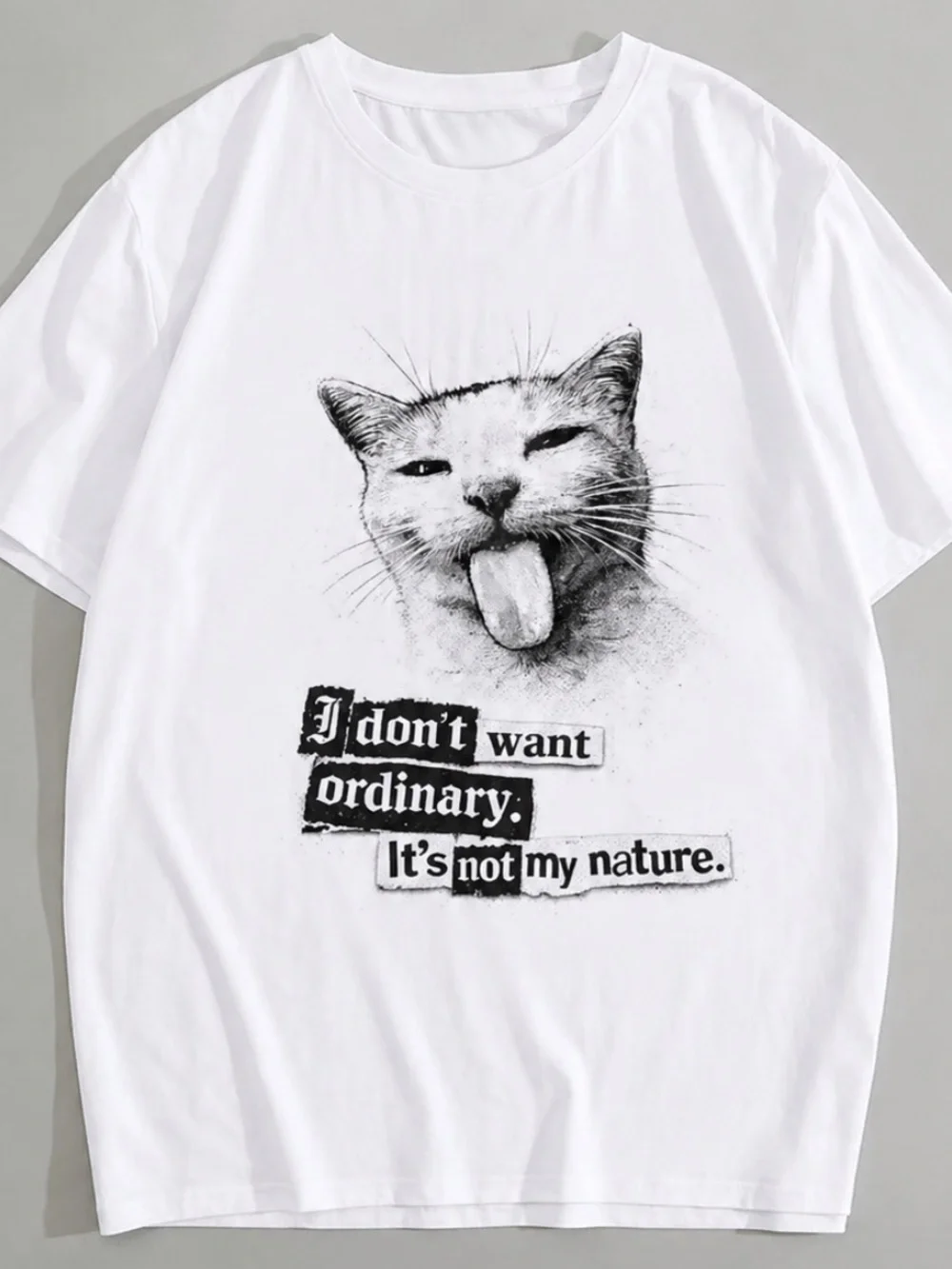 White Cat Graphic T‑Shirt - Playful Quote Design Funny’s Size L